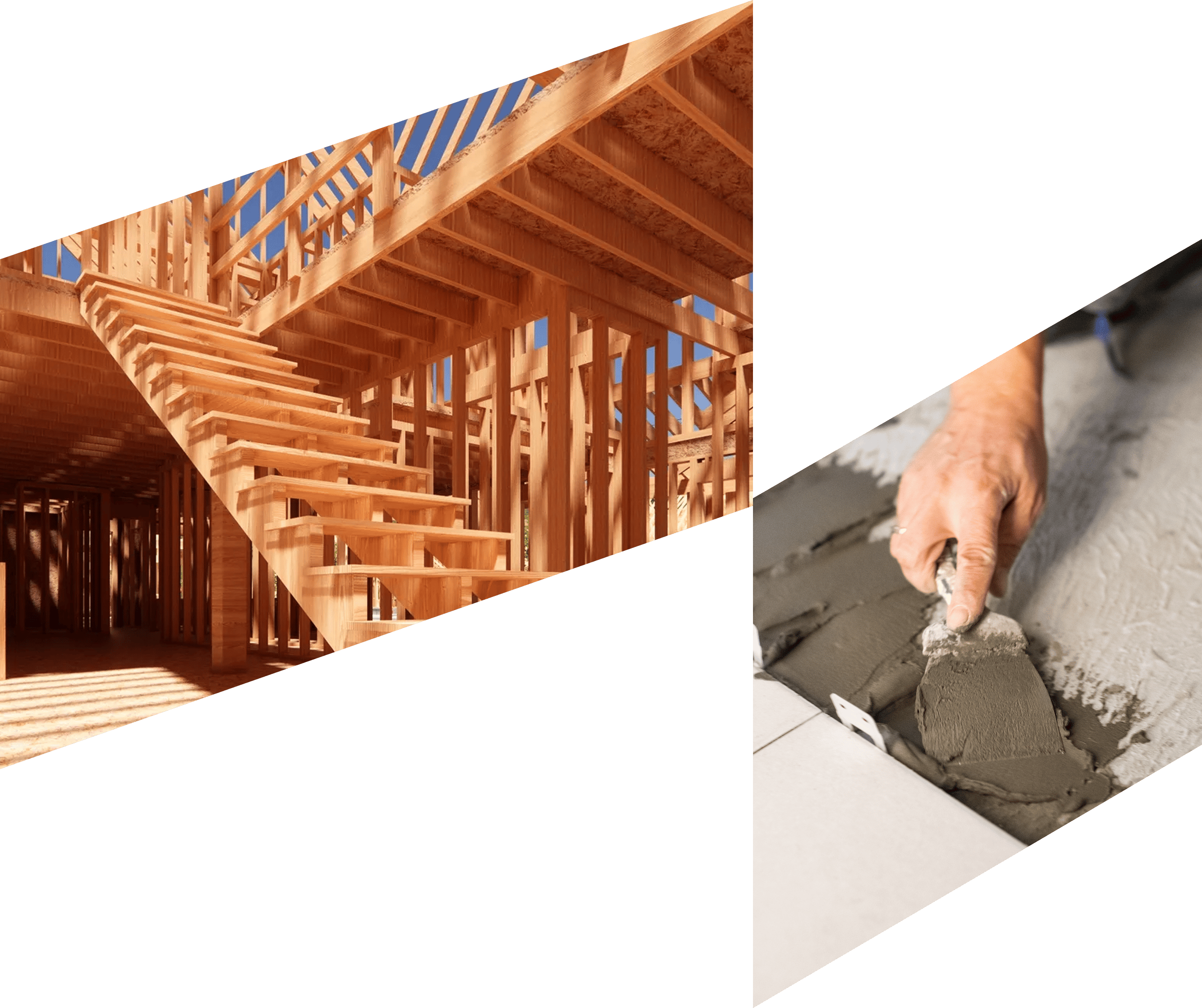 Person laying concrete on the floor of a house under construction, with a wooden staircase
